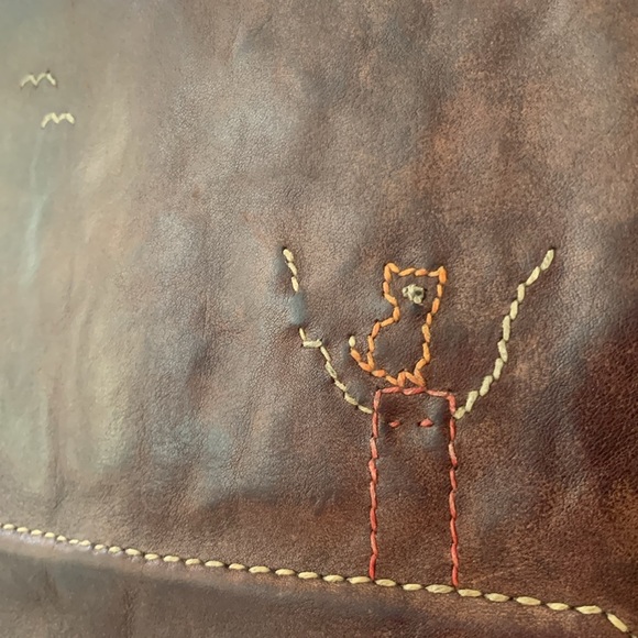 Henry Cuir Tote Embroidered Brown cow Hyde Leather Rustic Bohemian - Picture 2 of 14